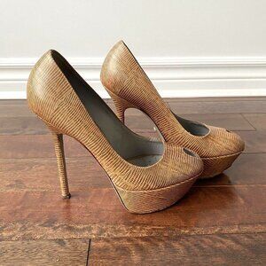 Sergio Rossi Italy Designer Beige Tan Snakeskin Peep Toe Stiletto High Heels
